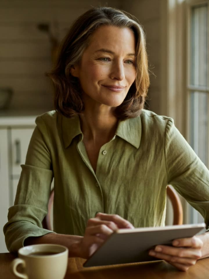 Woman in her early fifties reading calmly on her tablet at the kitchen table