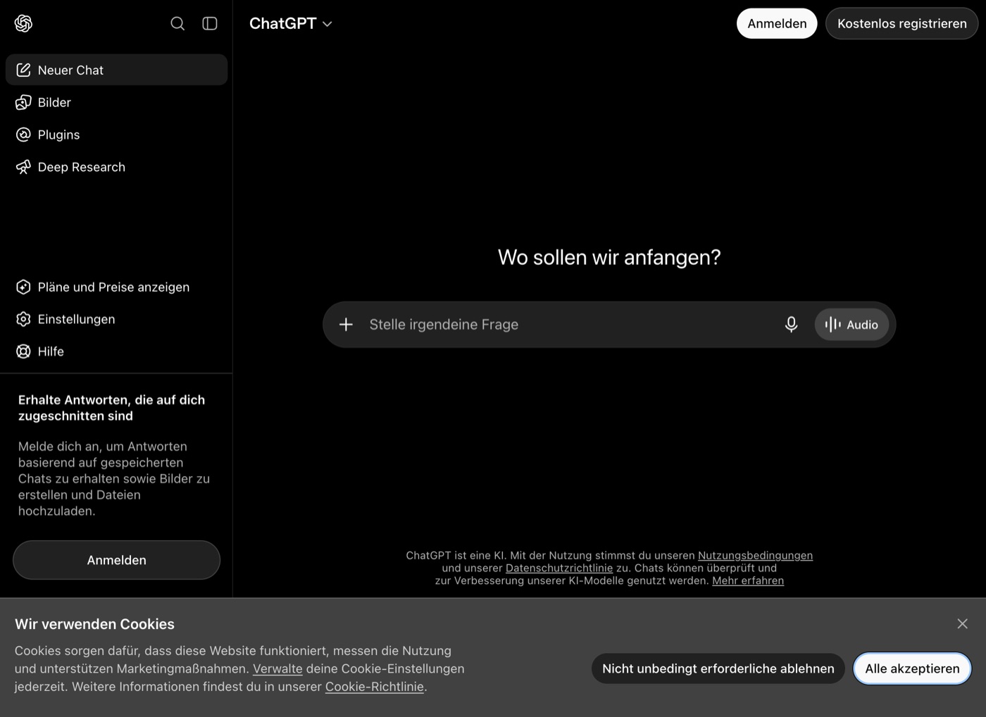 Die Startseite von chatgpt.com mit markiertem Schreibfeld „Stelle irgendeine Frage"